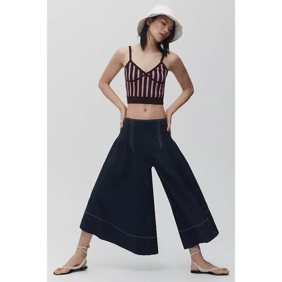 By Anthropologie Linen Extended Waist Wide Leg Pants NAVY 12 - Picture 3 of 3